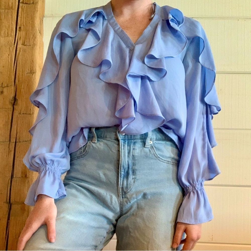 ZARA  BLUE RUFFLED LONG SLEEVE BLOUSE - Picture 3 of 7